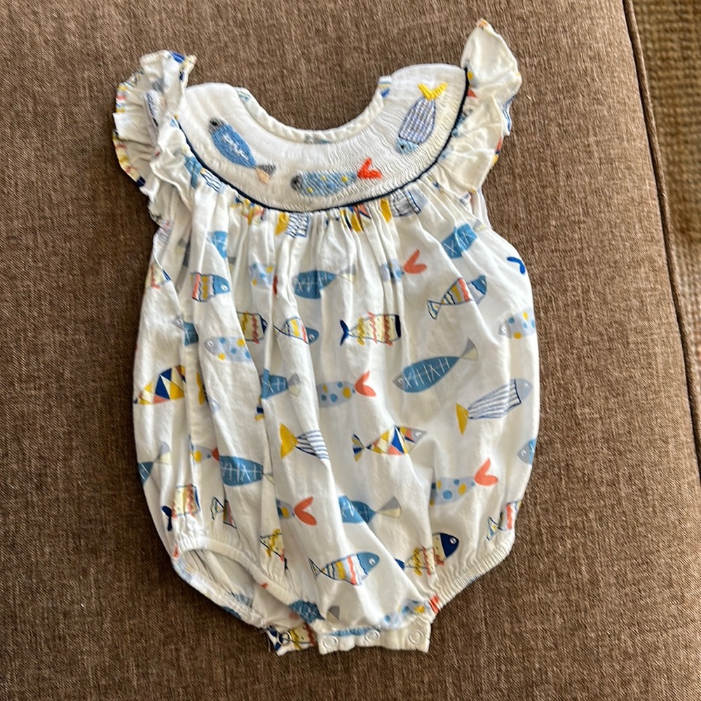 Smock Monkey Smocked Angel Wing Fish Beach Bubble Romper 3m